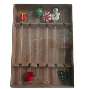 Set Of 6 Hand Blown Glass Christmas Themed Swizzle Sticks EUC